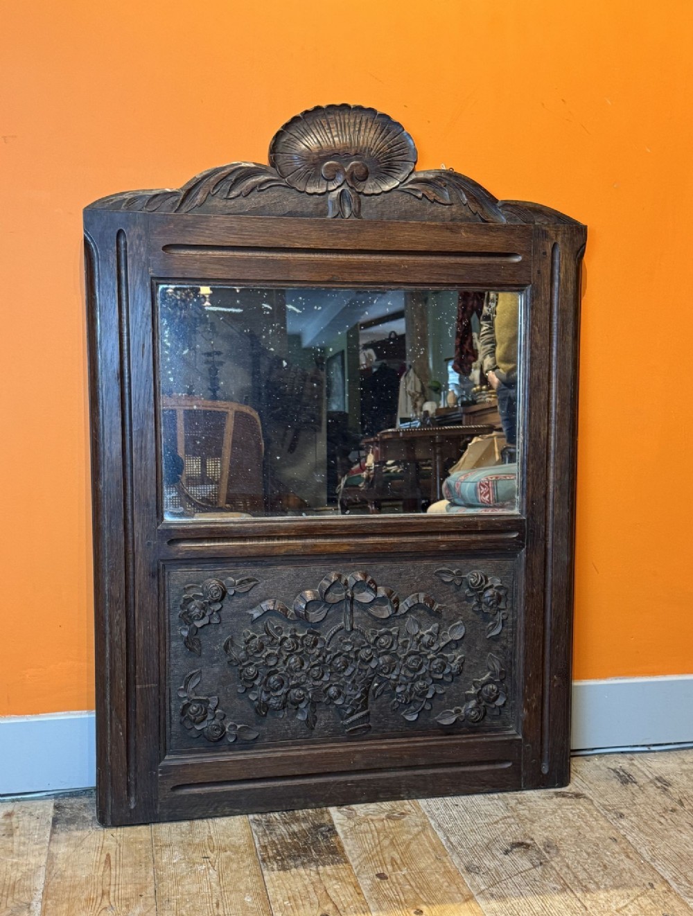 Antique French Oak Wall Mirror Carved with a Basket of Flowers