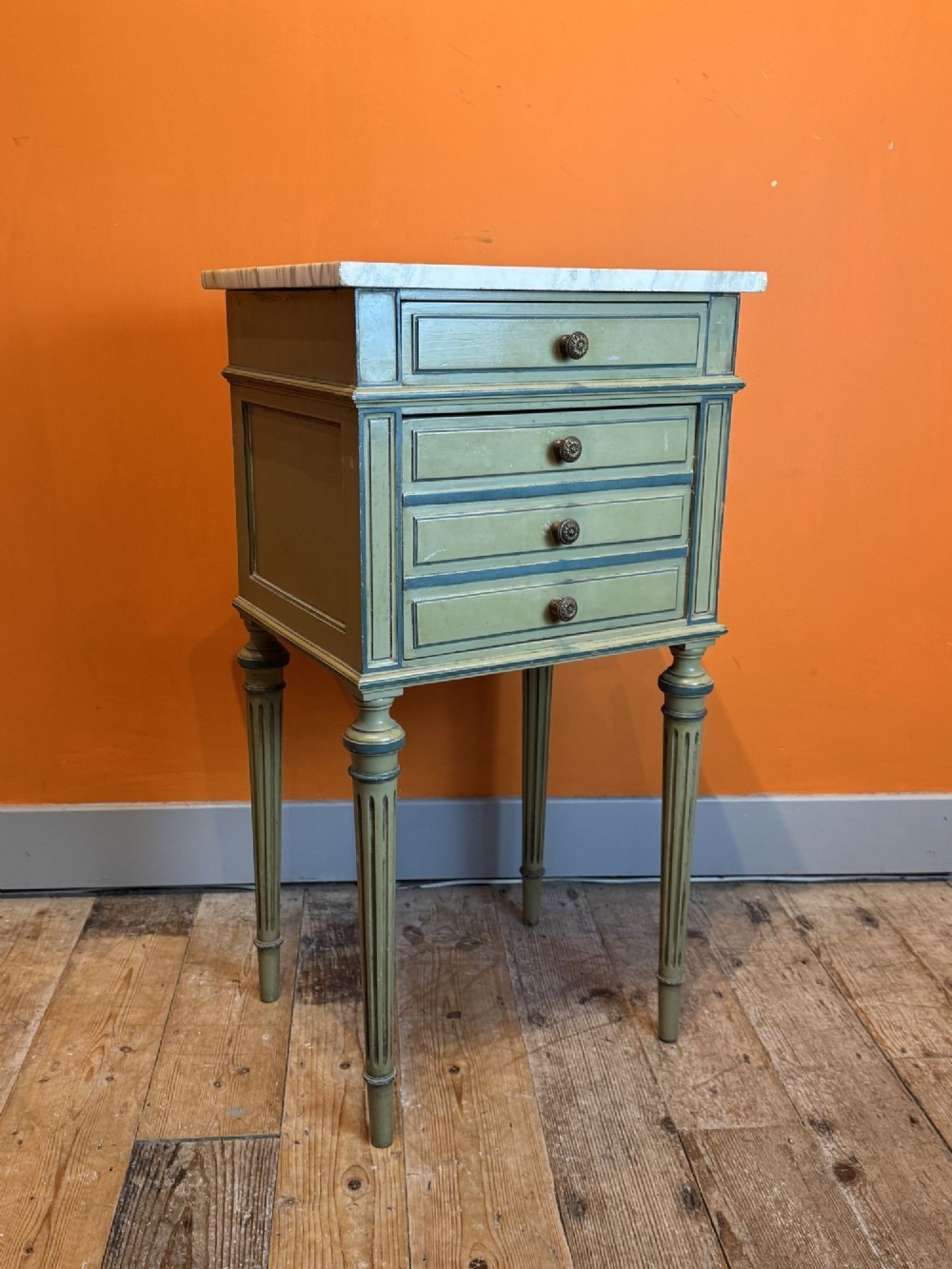 French Marble Top Bedside Cupboard in Original Green Paint