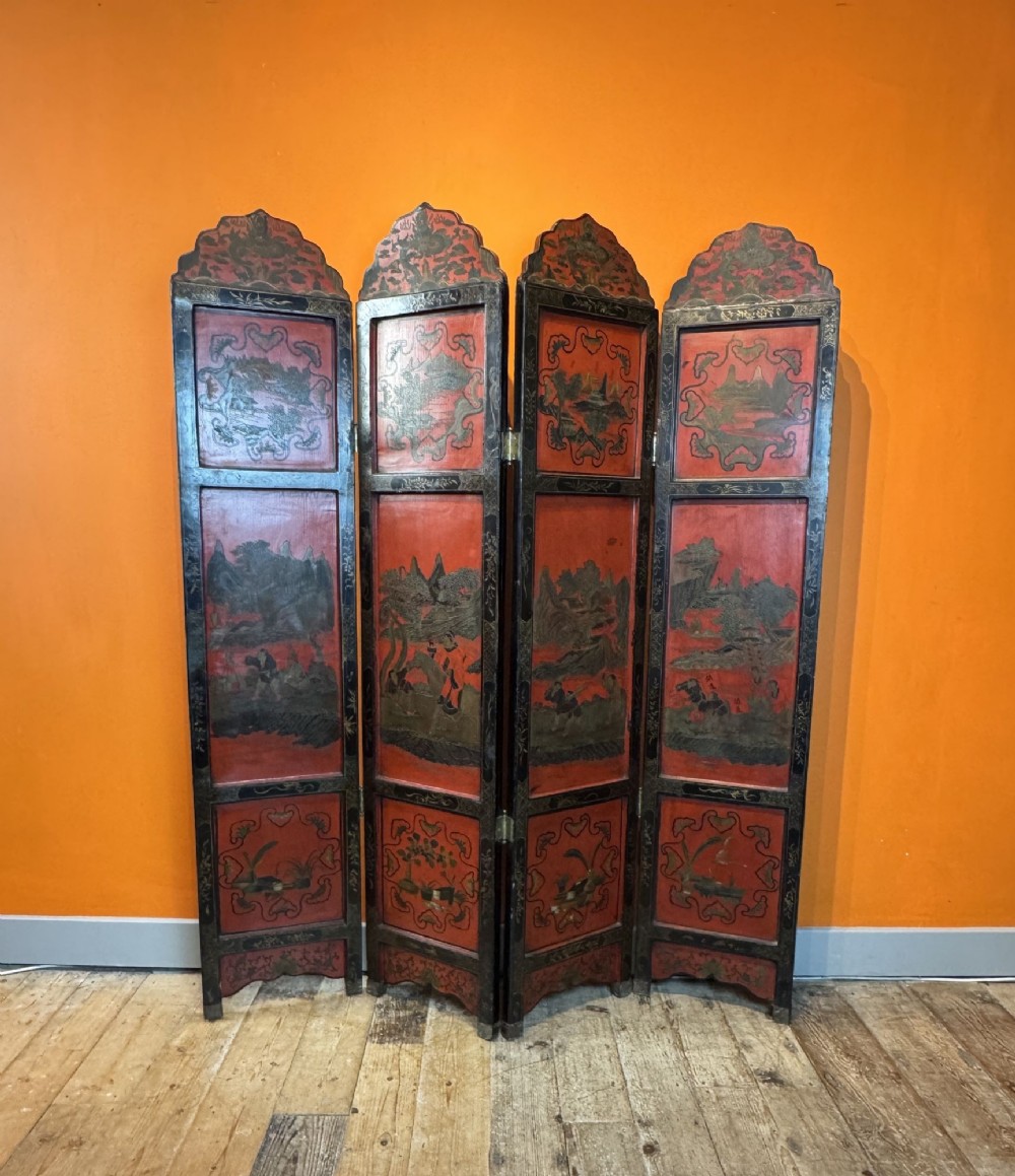 Vintage Chinese Painted & Gilded Lacquer Four Fold Screen