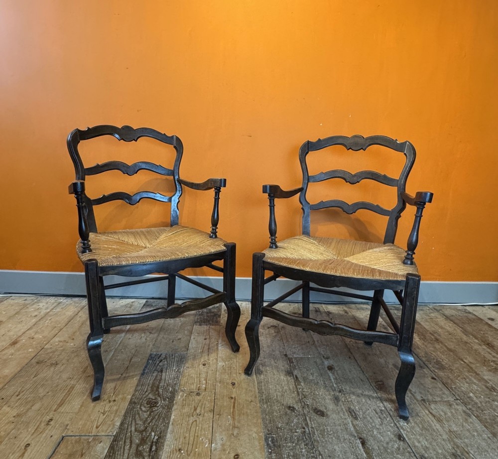 Pair of French Provencal Rush Seated Oak Armchairs