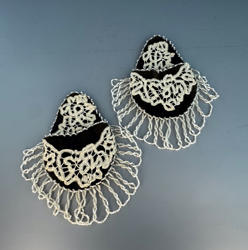 Pair of Victorian beadwork and lace trimmed wall pockets