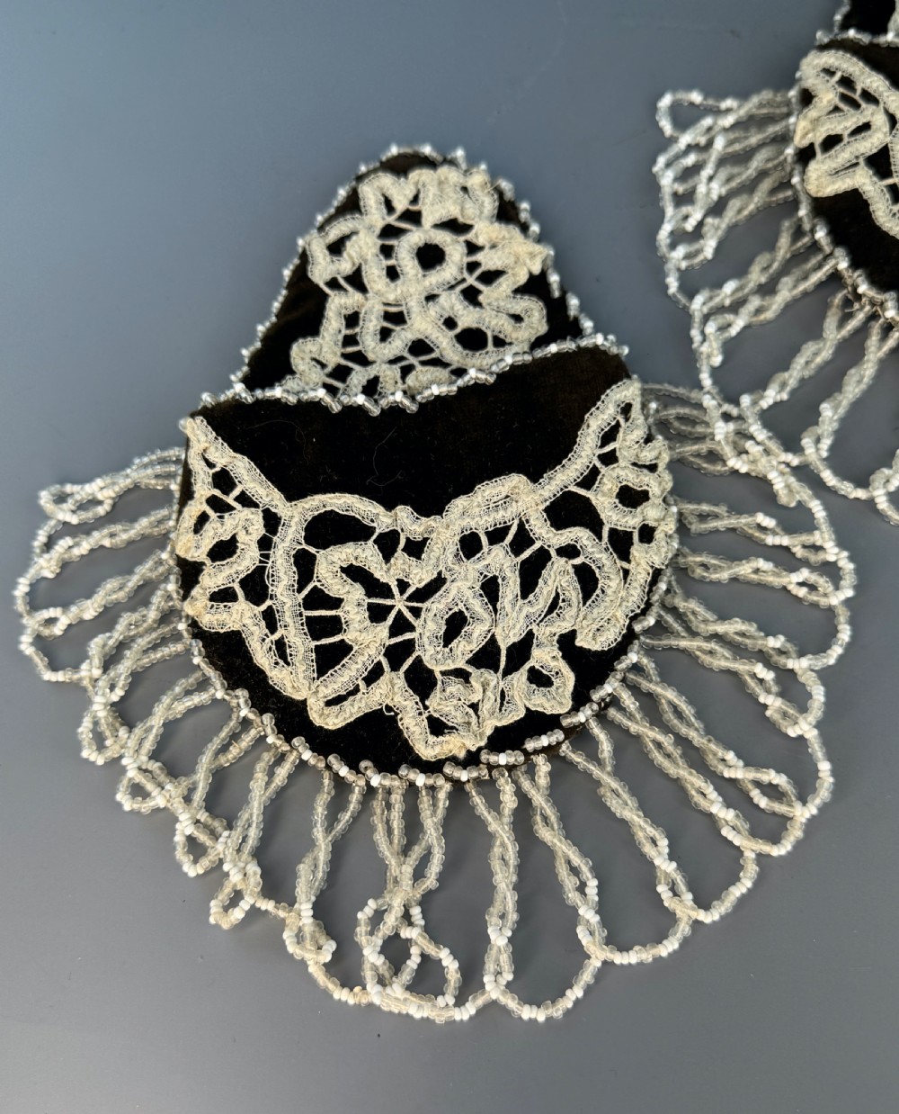 Pair of Victorian beadwork and lace trimmed wall pockets View II