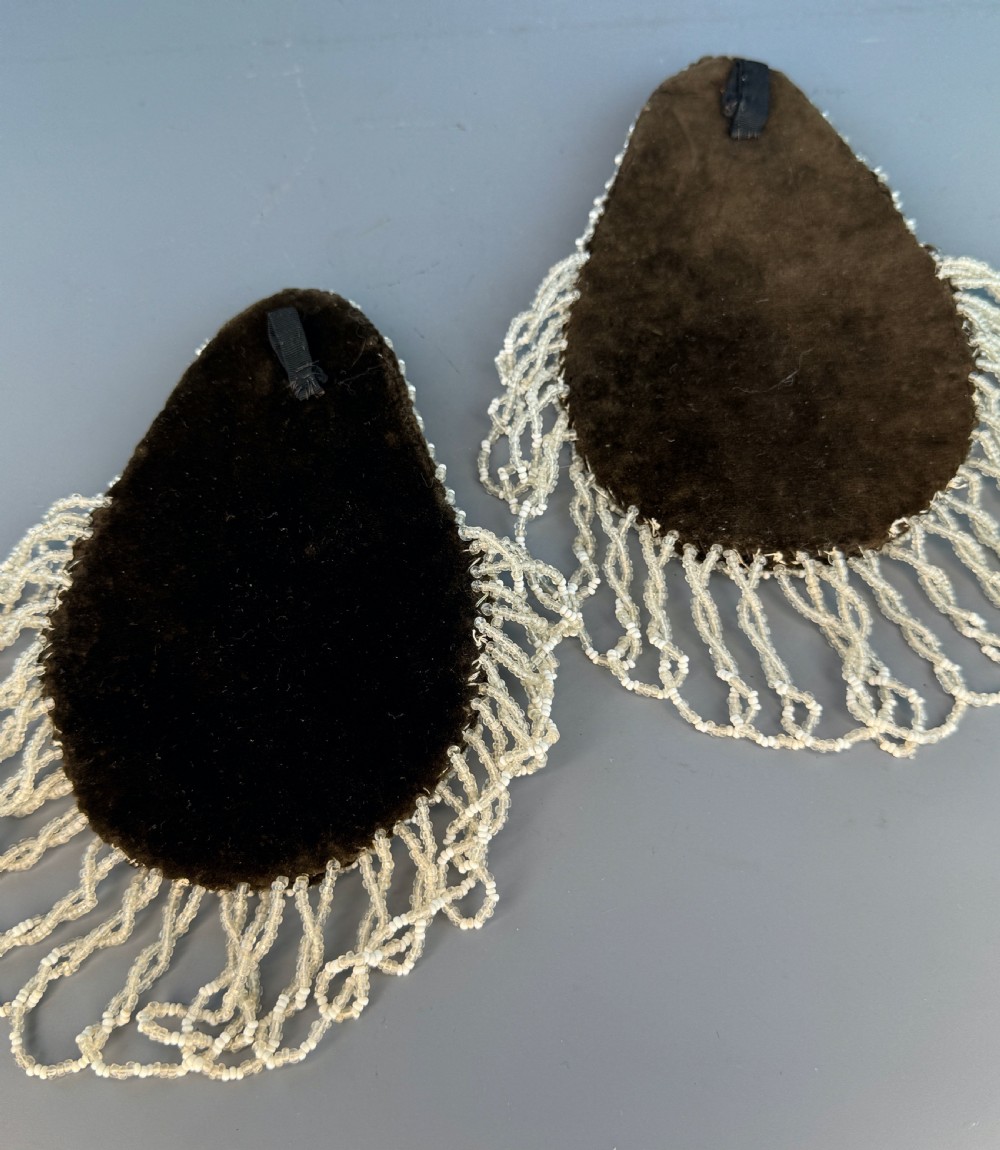 Pair of Victorian beadwork and lace trimmed wall pockets View III