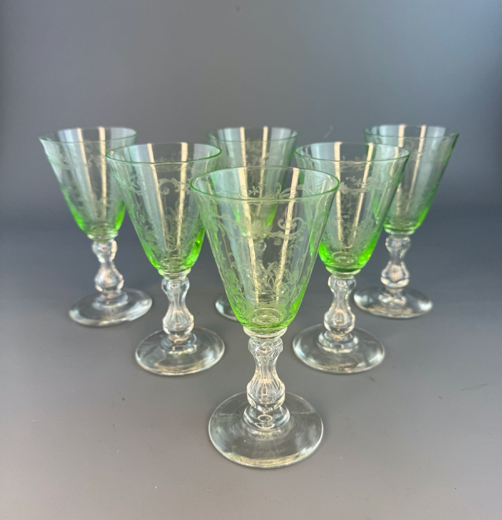 Set of Six Edwardian engraved lime green cut glass wine glasses