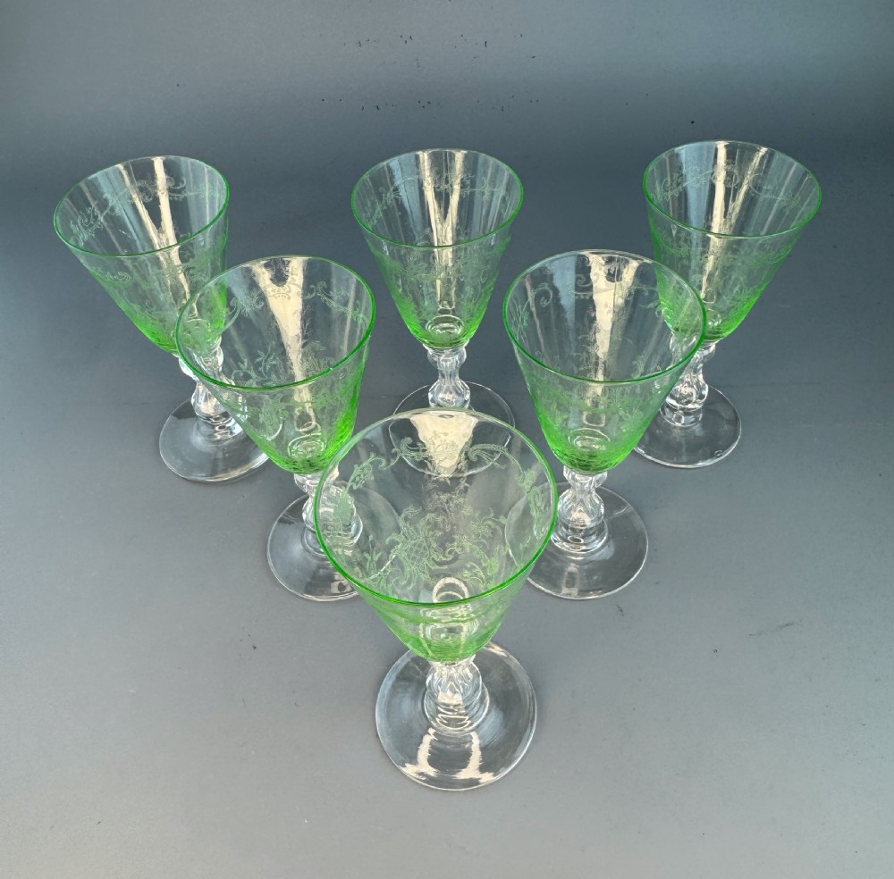 Set of Six Edwardian engraved lime green cut glass wine glasses View II