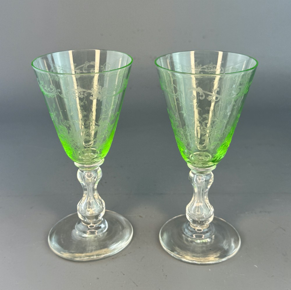 Set of Six Edwardian engraved lime green cut glass wine glasses View III