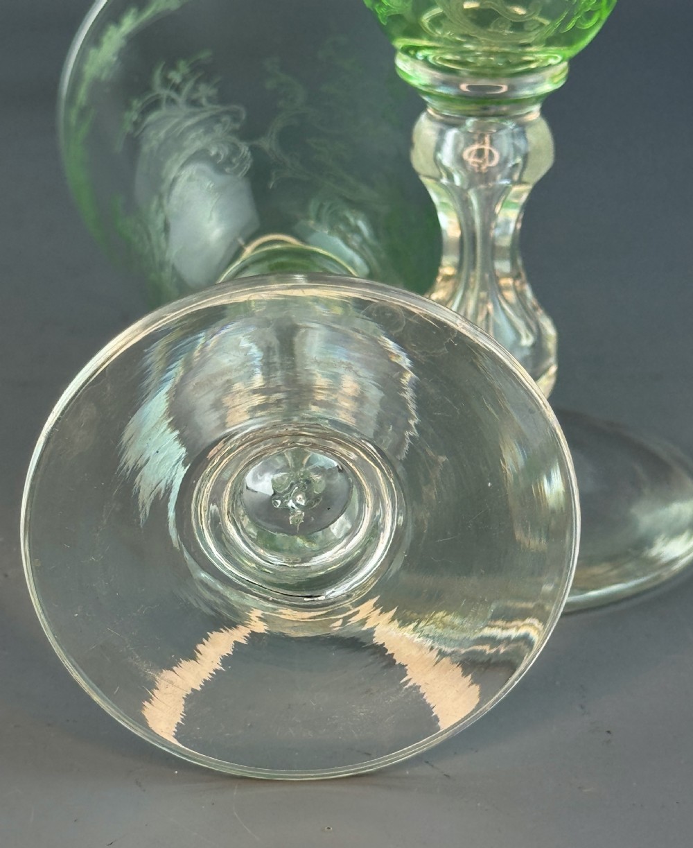 Set of Six Edwardian engraved lime green cut glass wine glasses View V