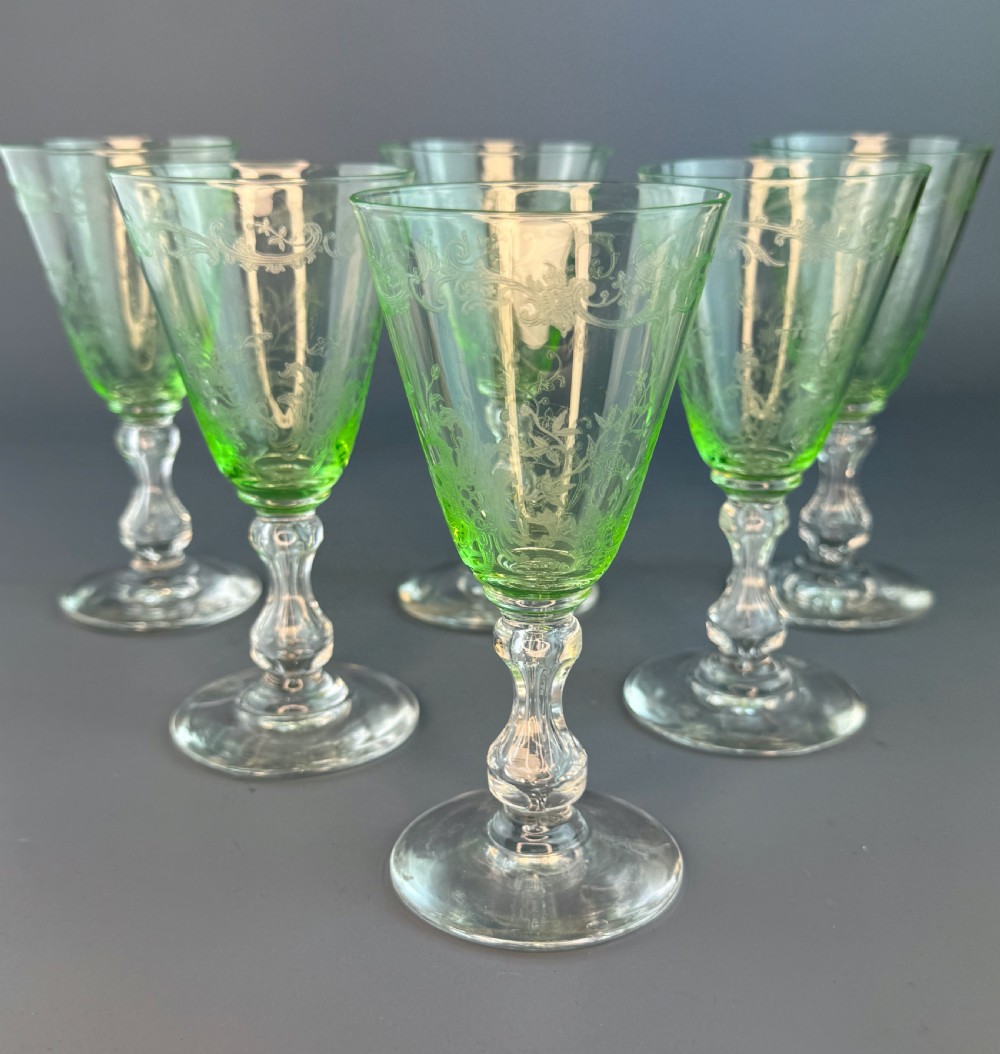Set of Six Edwardian engraved lime green cut glass wine glasses View VI