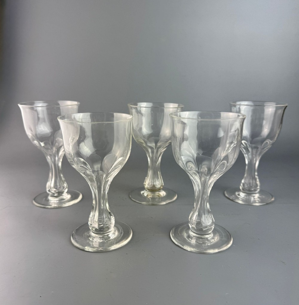 Set of Four Antique Hollow Stem Cut Glass Wine Glasses