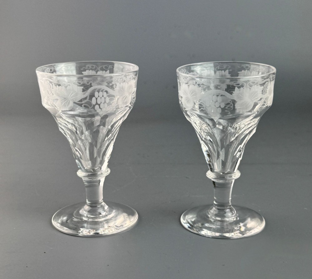 Pair of Victorian Vine Engraved Facet Cut Port or Sherry Glasses