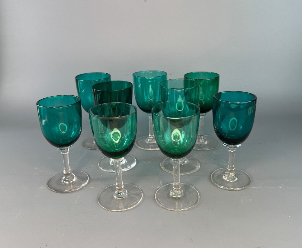 Nine Victorian Wine Glasses with Green Bowls