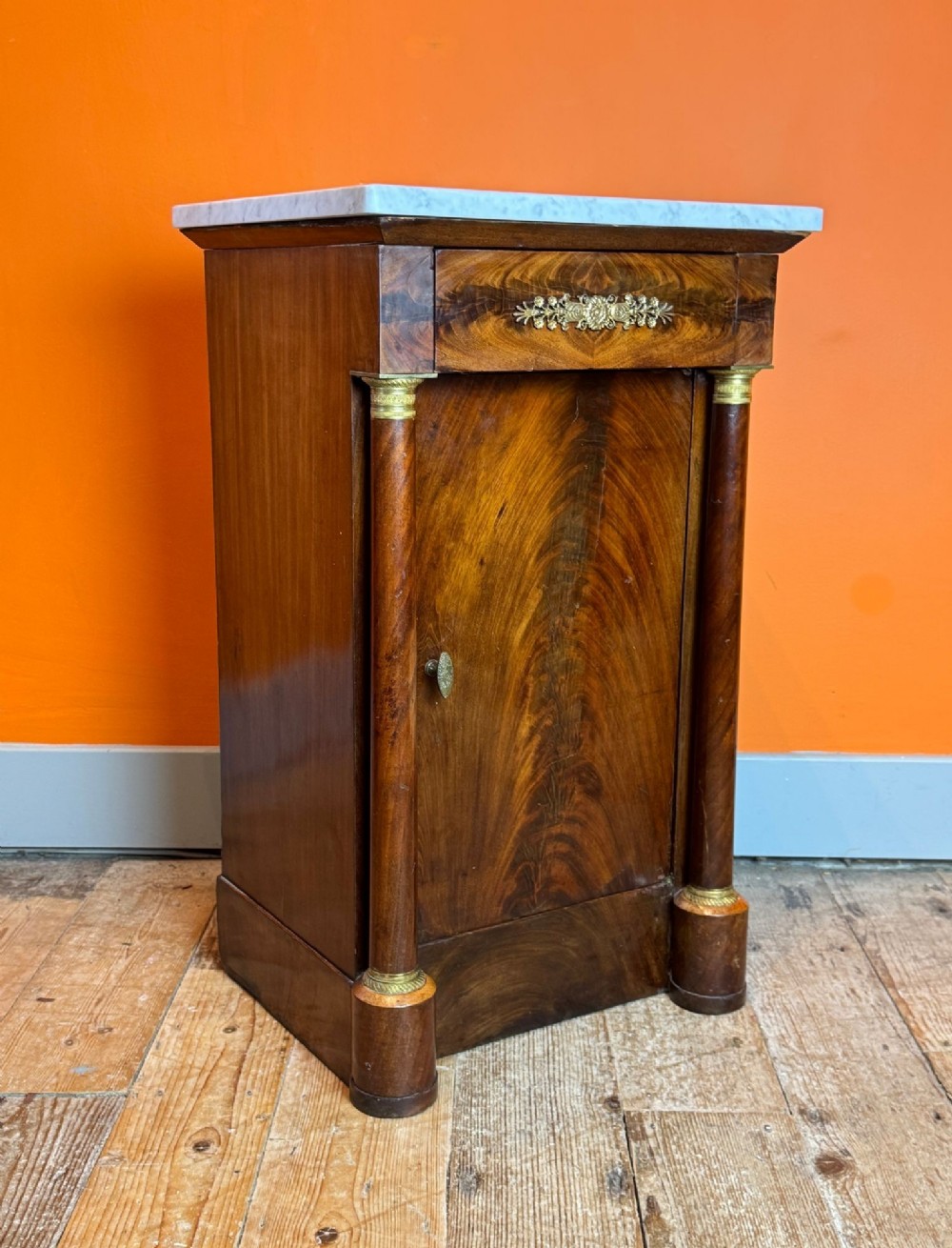 French Empire Gilt Mahogany Bedside Cupboard with Marble Top