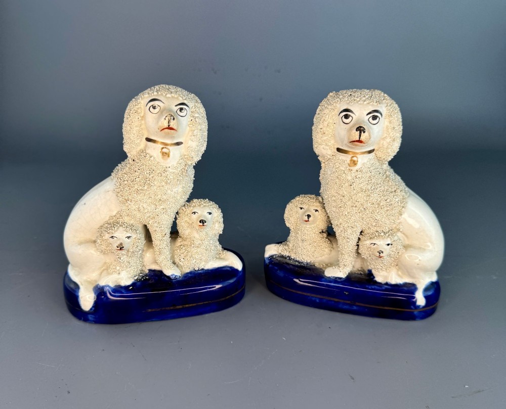 Pair of Victorian Staffordshire Poodles & Puppies circa 1850