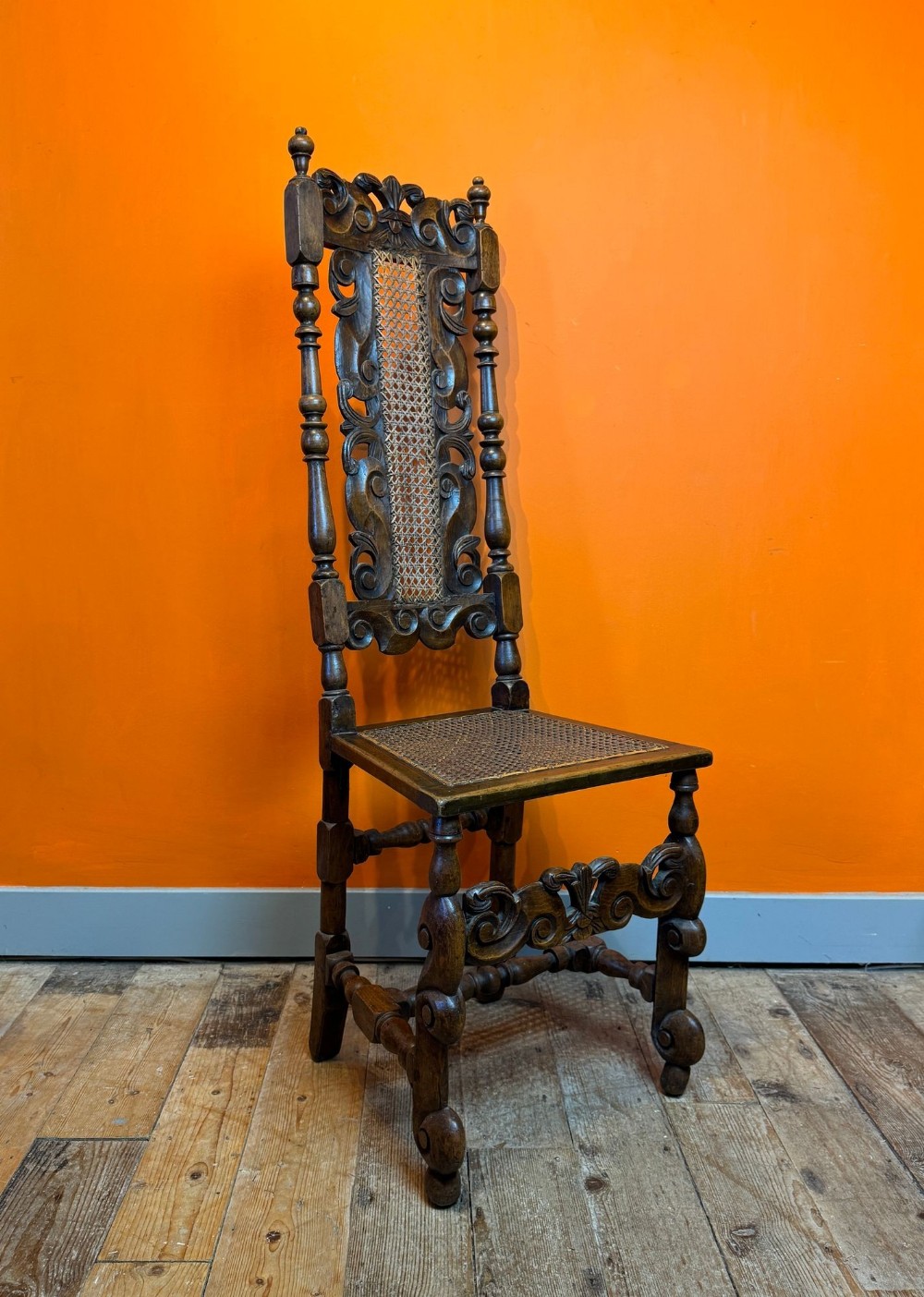 Charles II Carved Walnut Cane High-Back Chair