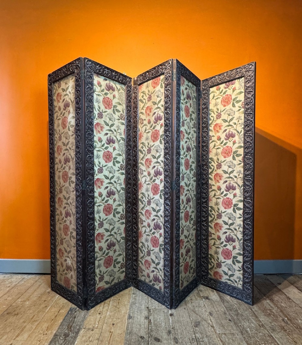Antique Indian Carved Hardwood Five-Fold Screen