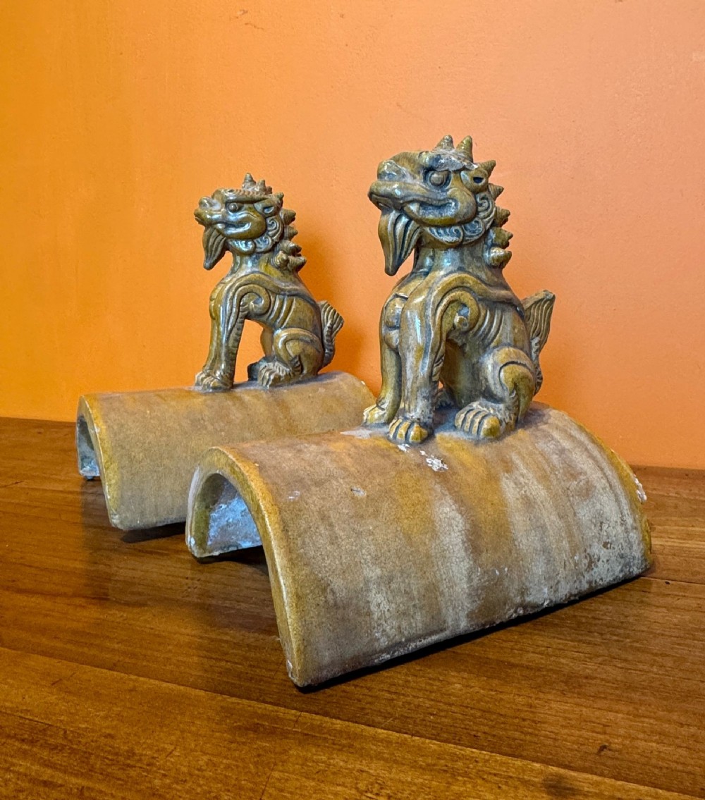 Pair of Chinese Qing Dynasty Pale Celadon Glazed Lion Roof Tiles