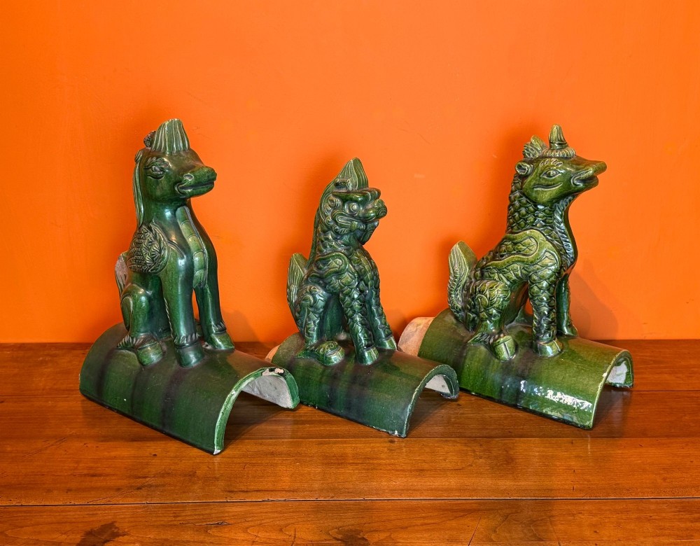 Three 19th Century Chinese Green Glazed Pottery Roof Tiles