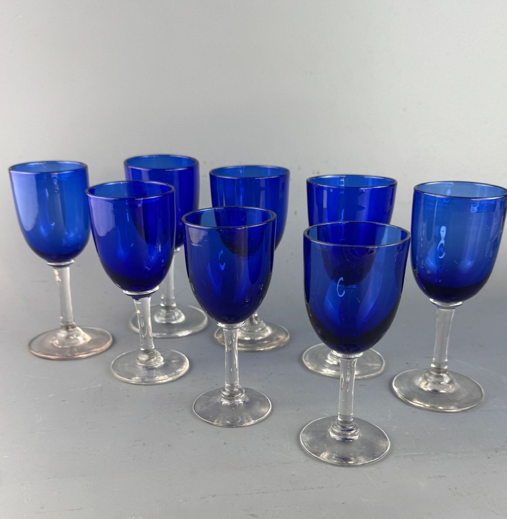 Set of Eight Victorian Wine Glasses with Cobalt Blue Bowls