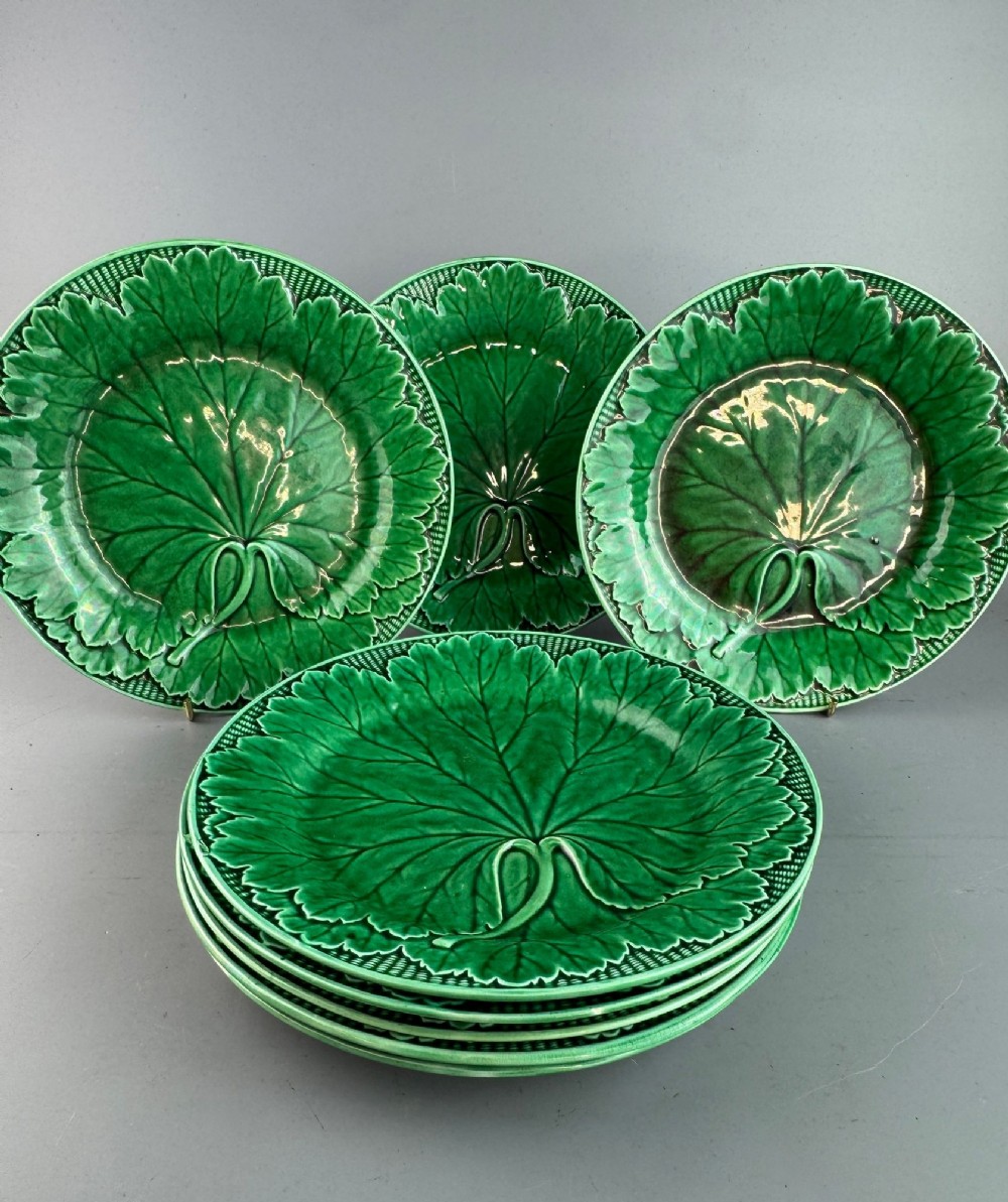 Eight Wedgwood Green Majolica Cabbage Leaf Plates