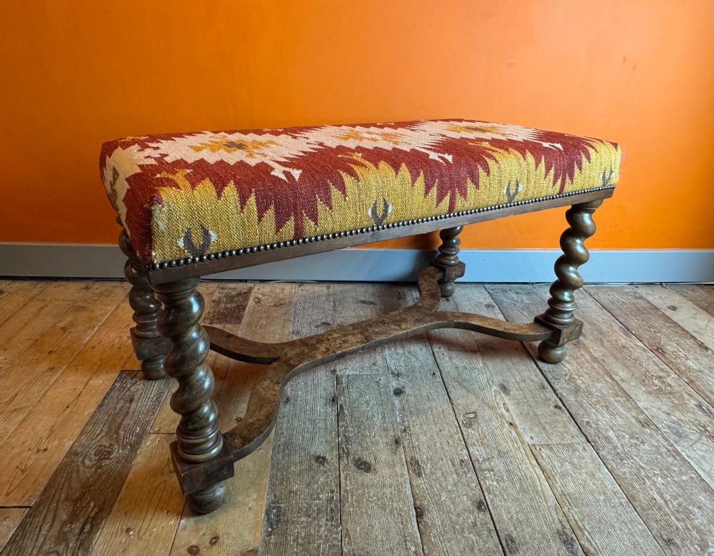Antique Kelim Upholstered Stool with Burr-Walnut Barley Twist Base