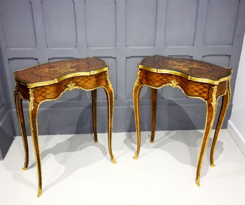 A Pair French Kingwood & Marquetry Inlaid Side Tables