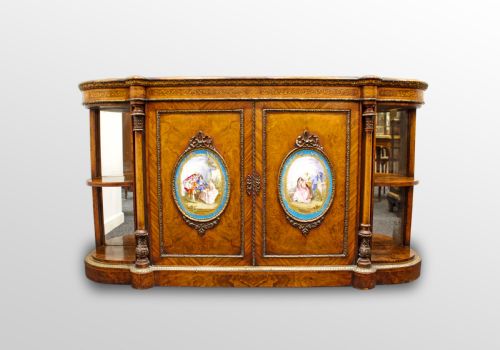 Stunning Victorian Burr Walnut Credenza with Large Porcelain Plaques