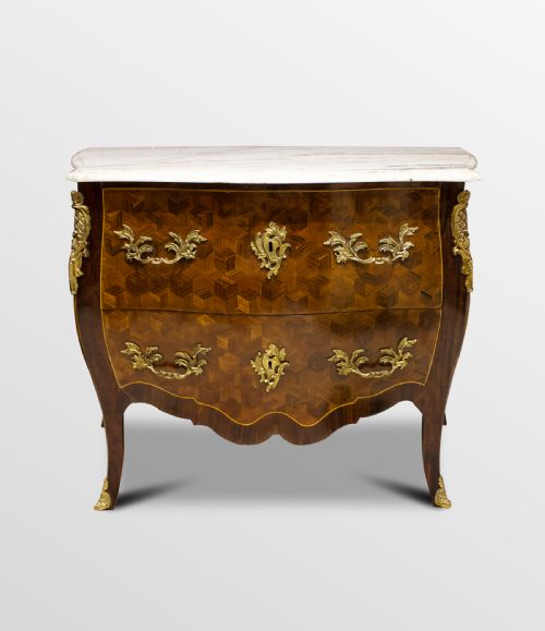 Marble Top French Rosewood & Marquetry Commode / Chest