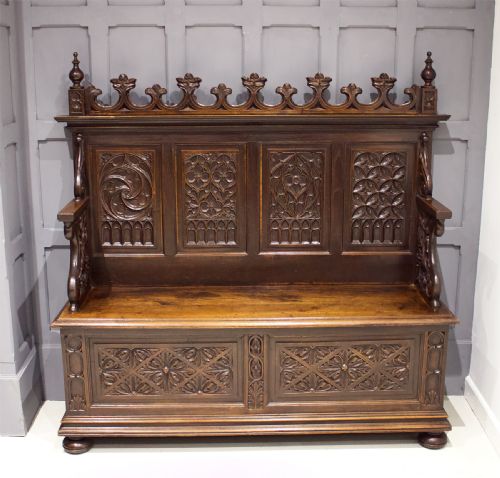 A Beautiful Carved Oak Bench in the Gothic Manner