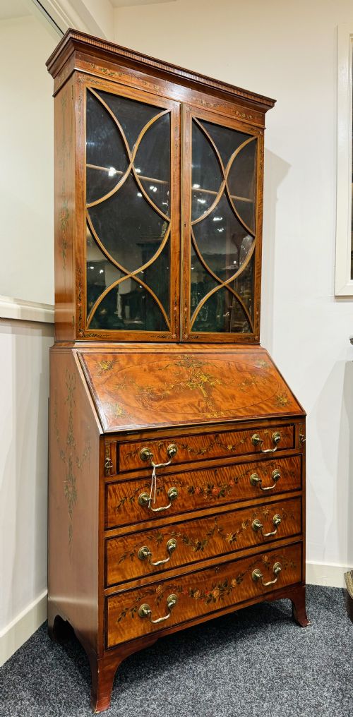 Edwardian Satinwood Painted Bureau Bookcase
