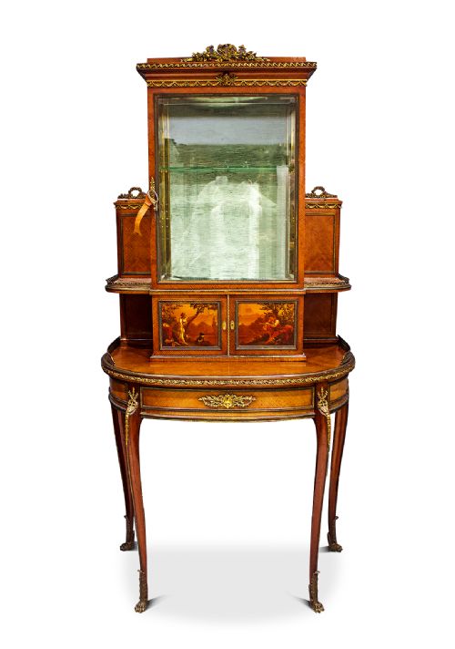 Rare Late 19th Century Gilt-bronze Mounted Mahogany and Vernis-martin Decorated Vitrine, Attributed to François Linke