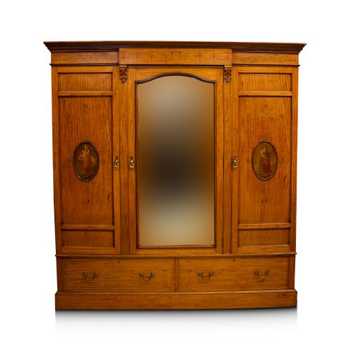 Antique Satinwood Inlaid Three Door Wardrobe with Painted Panels