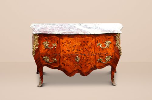 19TH CENTURY FRENCH MARQUETRY INLAID GILT BRONZE MARBLE TOP COMMODE CHEST - ADDITIONAL PHOTO 4