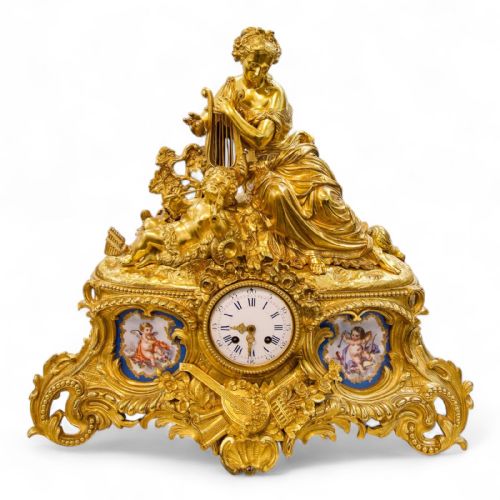 Antique Mantle Clock Bronze & Spelter with Porcelain Plaques by Rollin a Paris