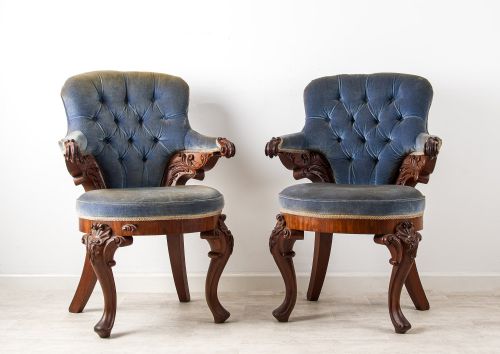 Pair of Antique Carved Mahogany Library Armchairs
