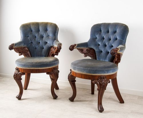 fig 2. Pair of Antique Carved Mahogany Library Armchairs