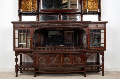 fig 1. Antique Carved Mahogany Sideboard Cabinet by Lamb of Manchester c.1890 - Arts & Crafts Display Cabinet with Bevelled Mirrors
