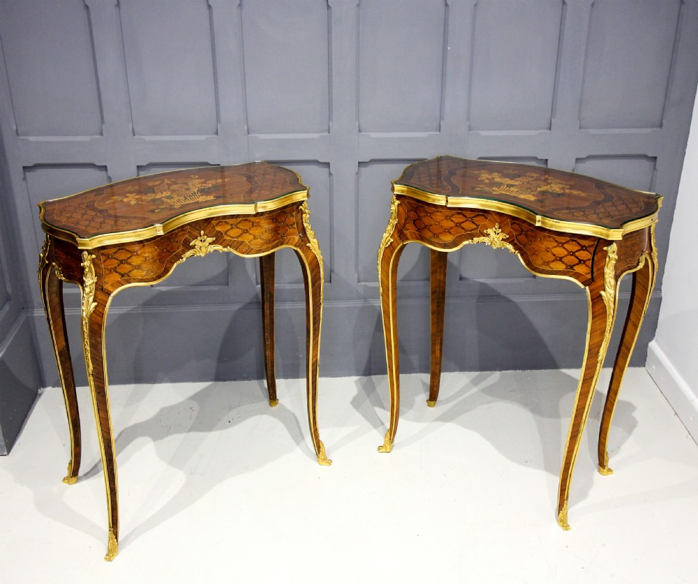 A PAIR FRENCH KINGWOOD & MARQUETRY INLAID SIDE TABLES