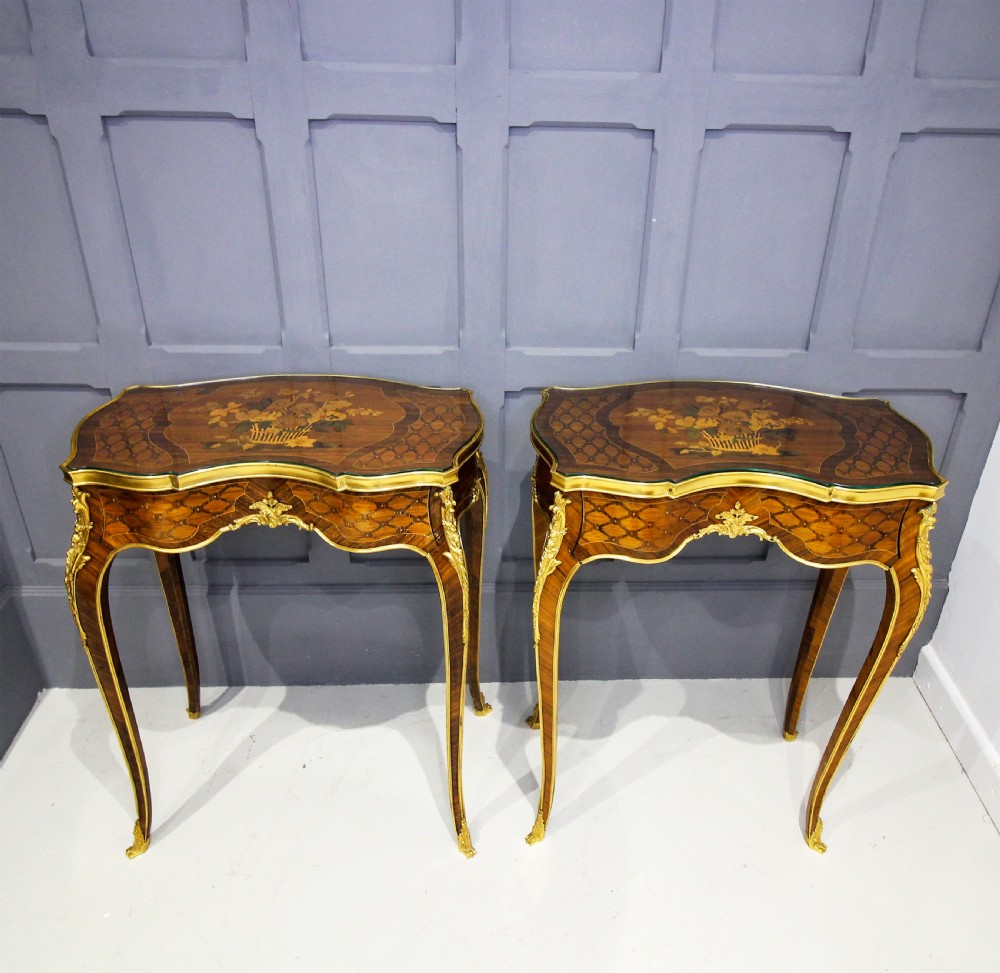 A PAIR FRENCH KINGWOOD & MARQUETRY INLAID SIDE TABLES View II