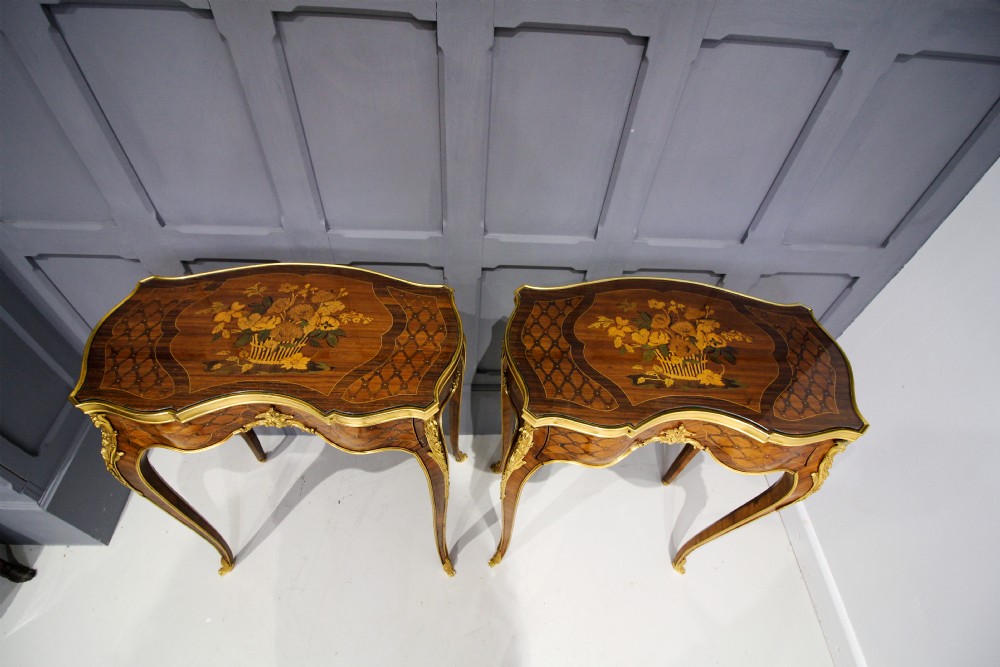 A PAIR FRENCH KINGWOOD & MARQUETRY INLAID SIDE TABLES View IV