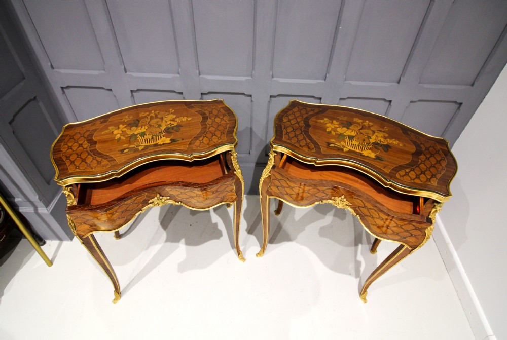 A PAIR FRENCH KINGWOOD & MARQUETRY INLAID SIDE TABLES View V