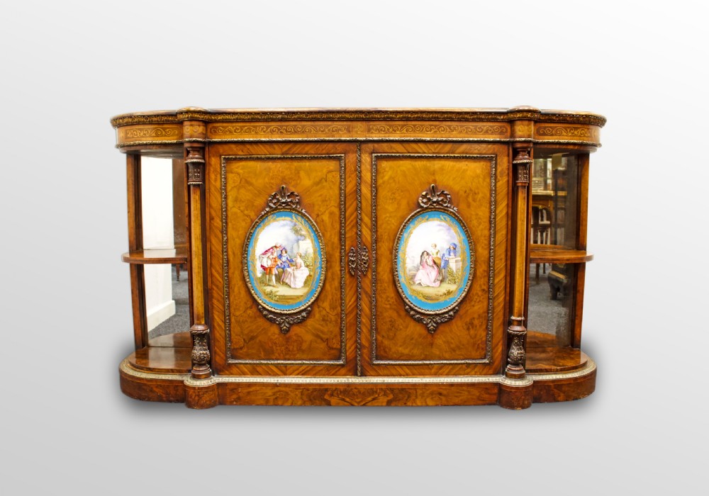 STUNNING VICTORIAN BURR WALNUT CREDENZA WITH LARGE PORCELAIN PLAQUES 