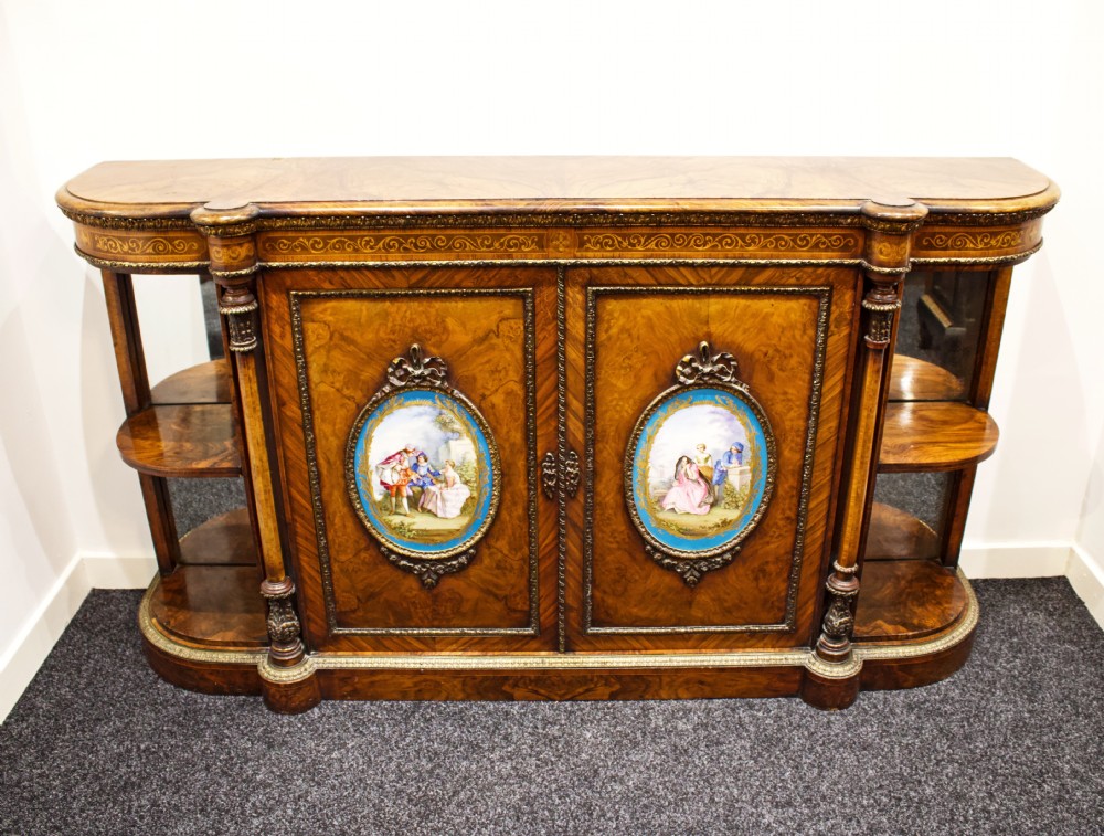 STUNNING VICTORIAN BURR WALNUT CREDENZA WITH LARGE PORCELAIN PLAQUES  View II