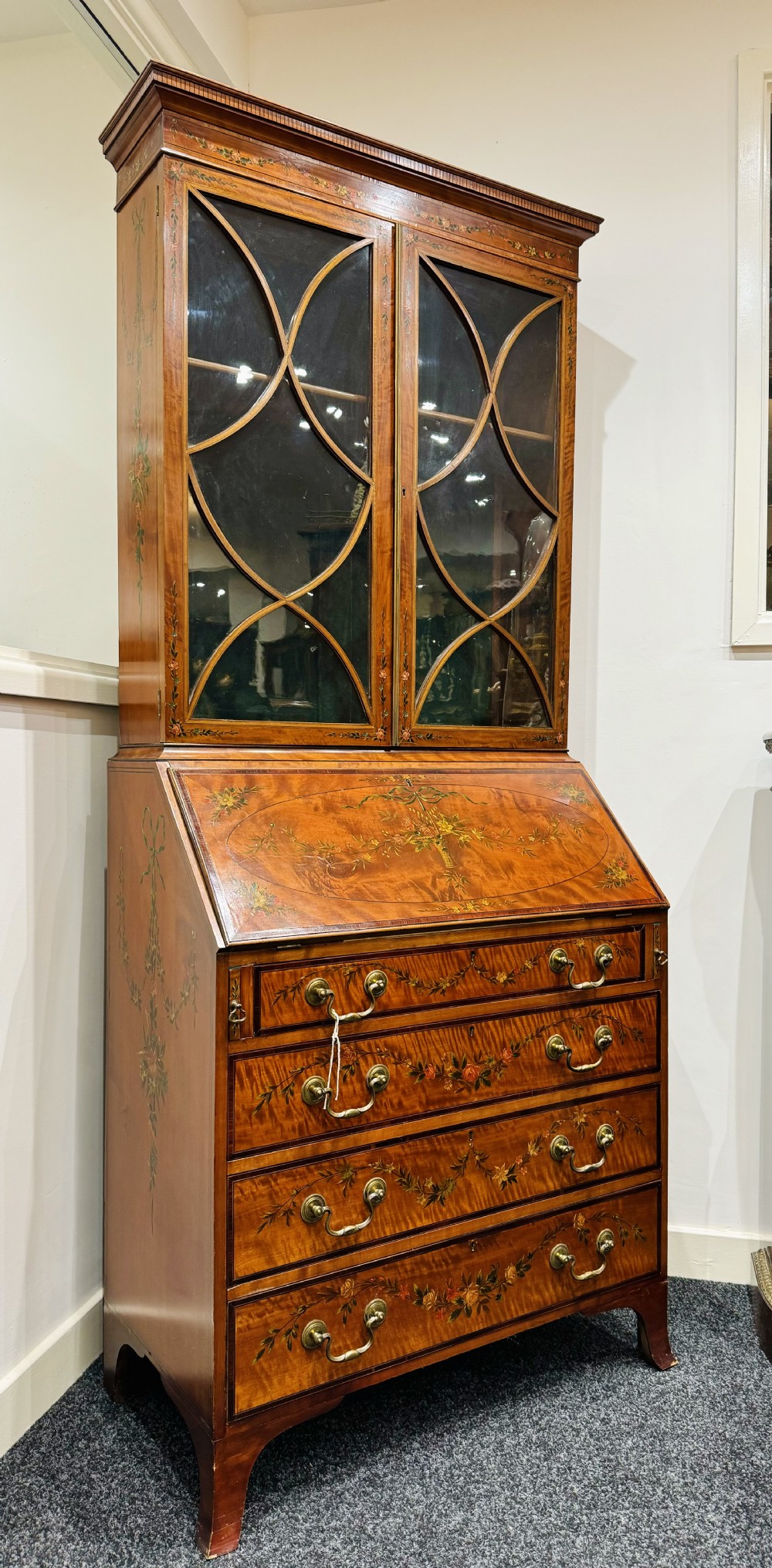 Edwardian Satinwood Painted Bureau Bookcase 