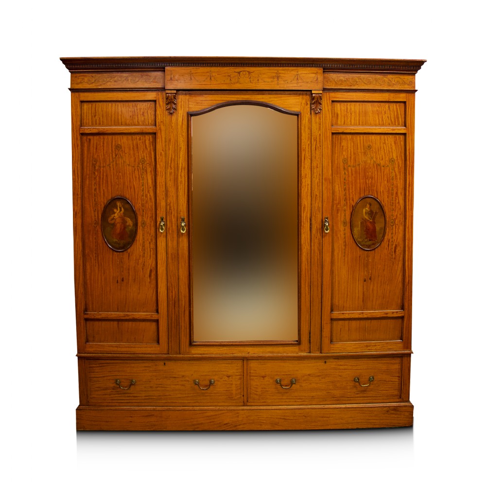 Antique Satinwood Inlaid Three Door Wardrobe With Painted Panels