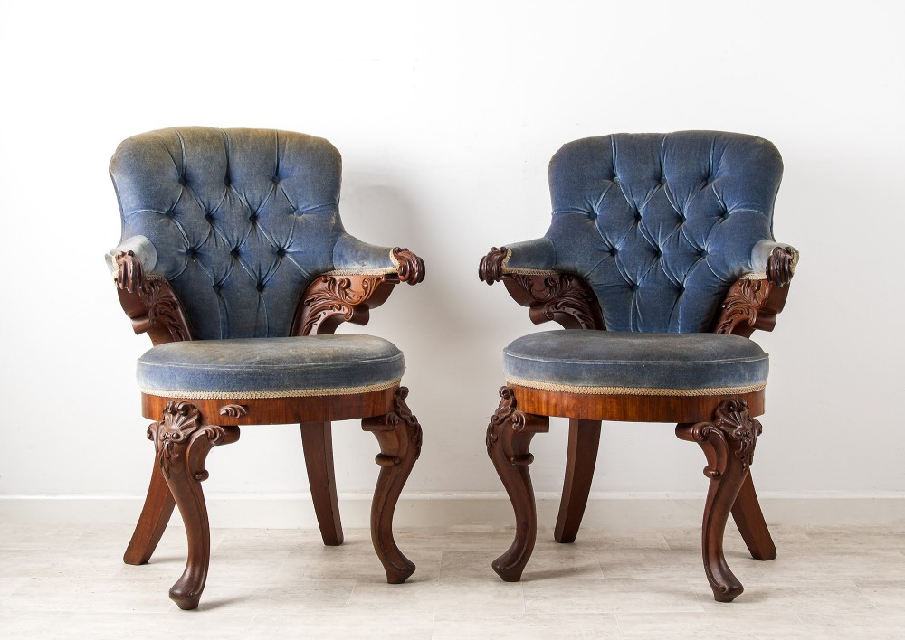 Pair of Antique Carved Mahogany Library Armchairs 