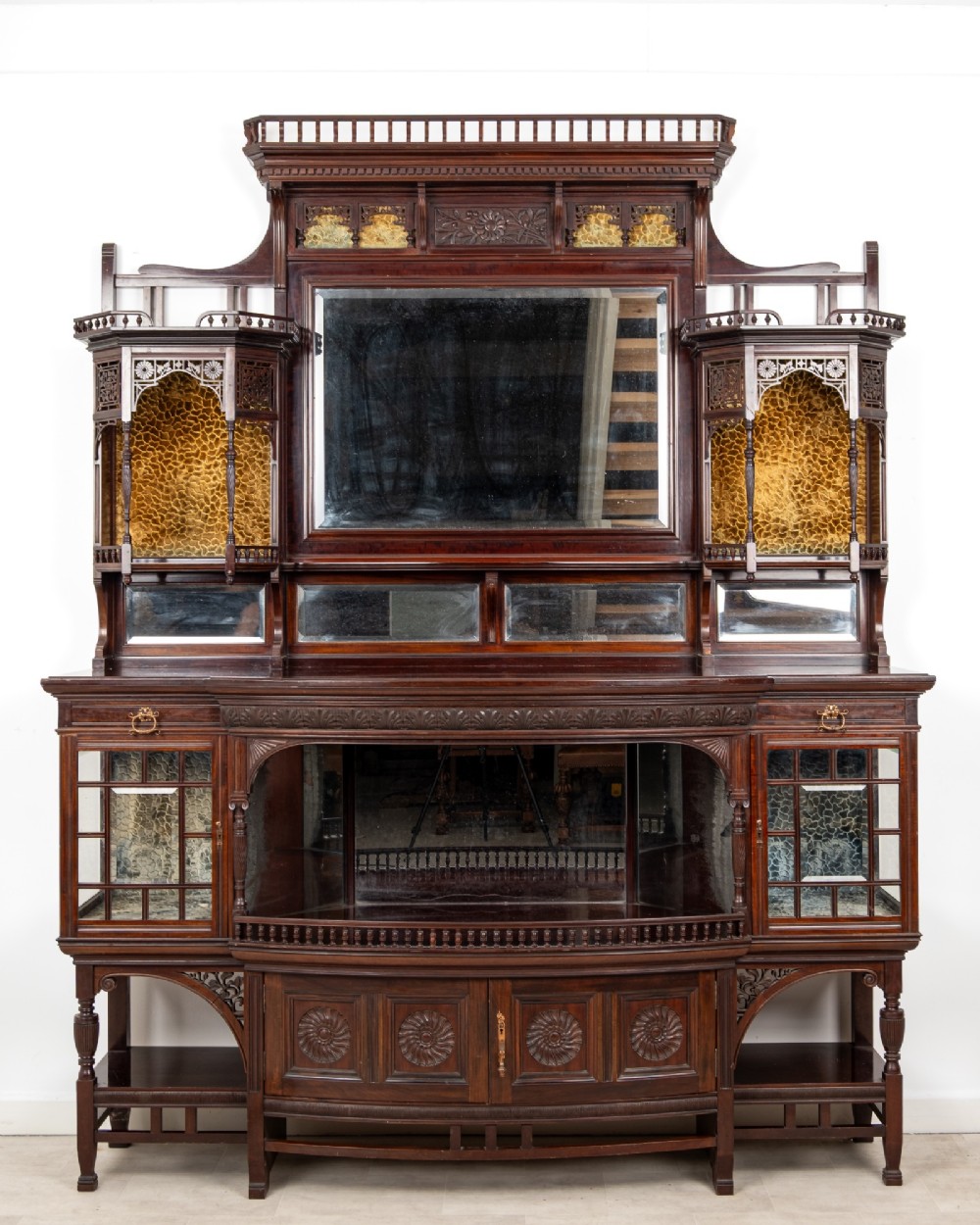 Antique Carved Mahogany Sideboard Cabinet by Lamb of Manchester c.1890 - Arts & Crafts Display Cabinet with Bevelled Mirrors