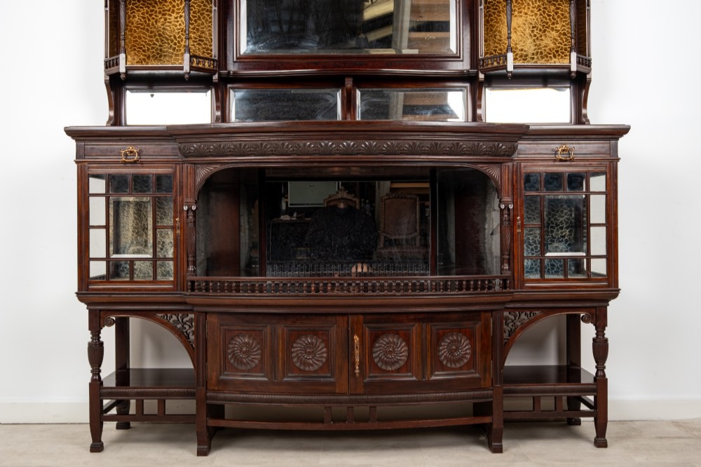 Antique Carved Mahogany Sideboard Cabinet by Lamb of Manchester c.1890 - Arts & Crafts Display Cabinet with Bevelled Mirrors View II