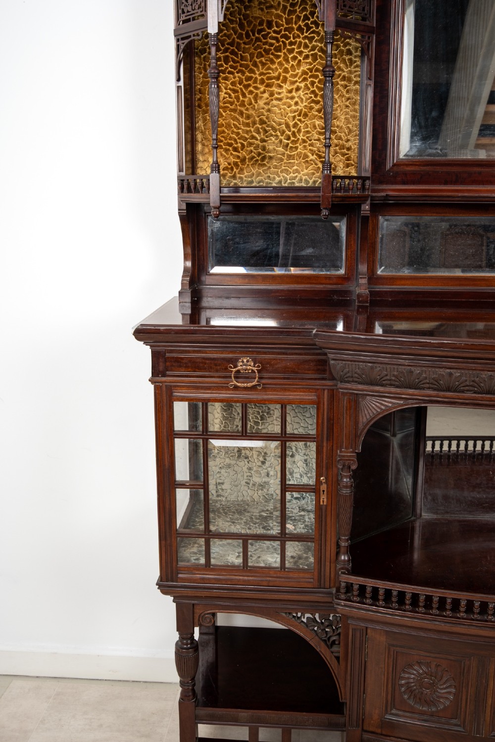 Antique Carved Mahogany Sideboard Cabinet by Lamb of Manchester c.1890 - Arts & Crafts Display Cabinet with Bevelled Mirrors View III