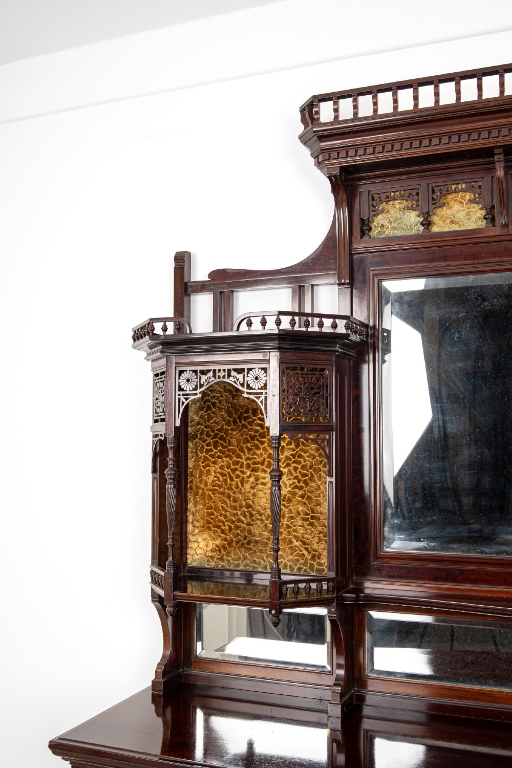 Antique Carved Mahogany Sideboard Cabinet by Lamb of Manchester c.1890 - Arts & Crafts Display Cabinet with Bevelled Mirrors View V
