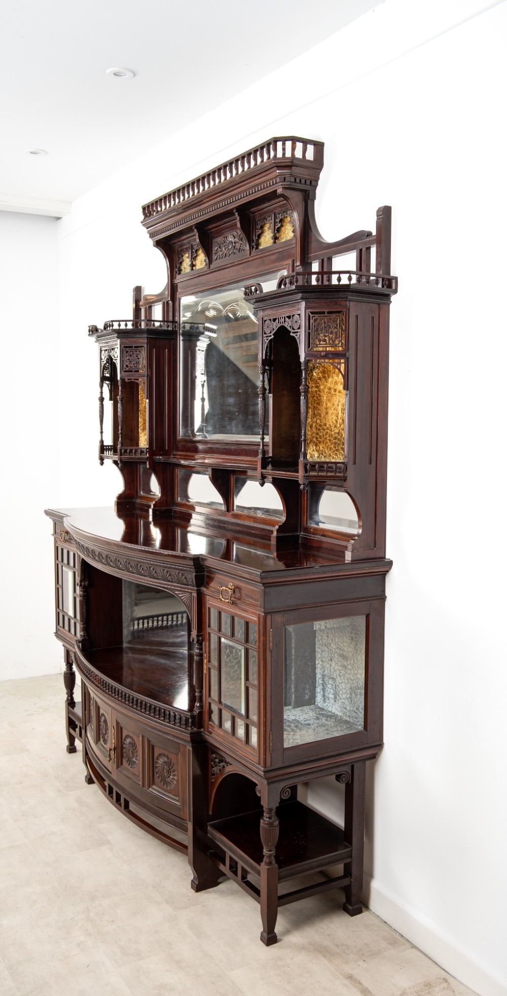 Antique Carved Mahogany Sideboard Cabinet by Lamb of Manchester c.1890 - Arts & Crafts Display Cabinet with Bevelled Mirrors View VII